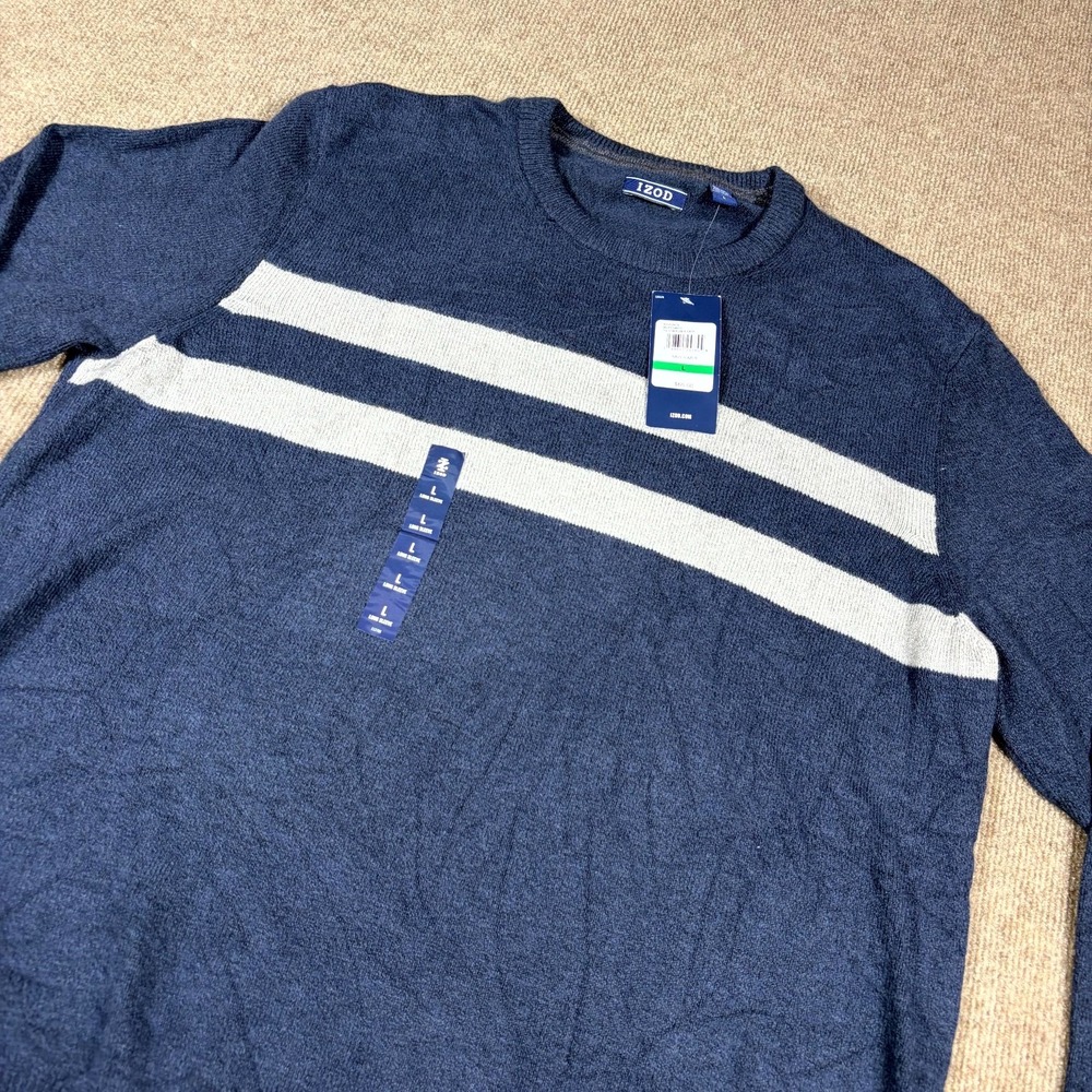 IZOD Stripe Crew Sweater Mens Large Navy Blazer Tight Knit Crew Neck Pullover